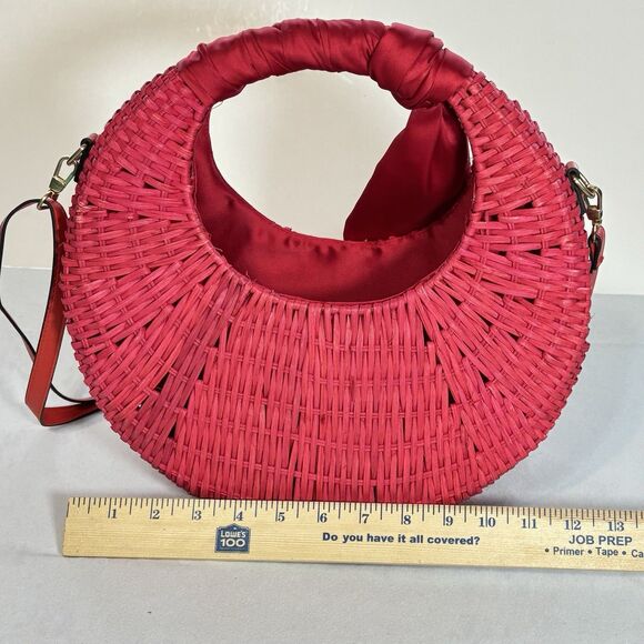 SCOOP Red Basket Handbag Round Woven Purse With Decorative Scarf - Picture 7 of 8